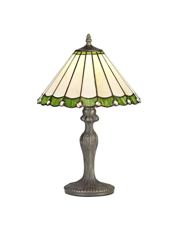 Solana 1 Light Curved Table Lamp E27 With 30cm Tiffany Shade, Green-Cream-Crystal-Aged Antique Brass
