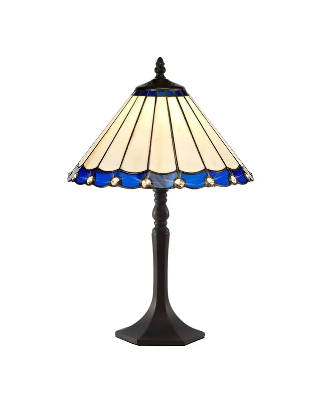 Solana 1 Light Octagonal Table Lamp E27 With 30cm Tiffany Shade, Blue-Cream-Crystal-Aged Antique Brass