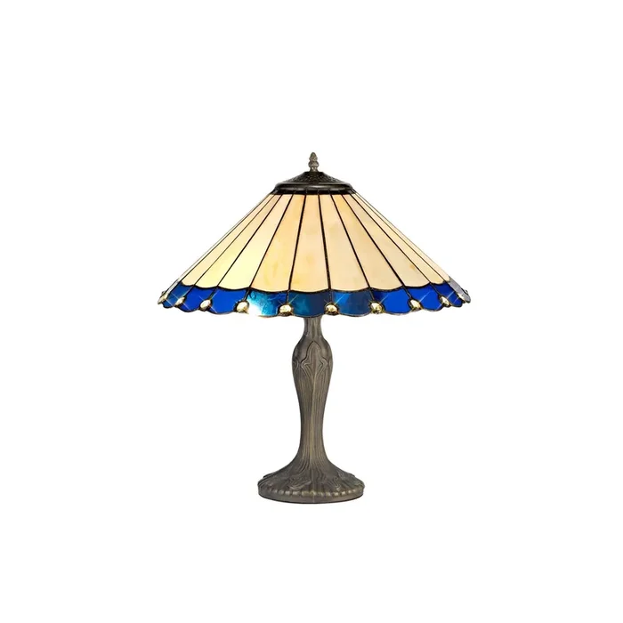 Solana 2 Light Curved Table Lamp E27 With 40cm Tiffany Shade, Blue-Cream-Crystal-Aged Antique Brass