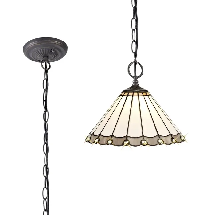 Solana 2 Light Downlighter Pendant E27 With 30cm Tiffany Shade, Grey-Cream-Crystal-Aged Antique Brass