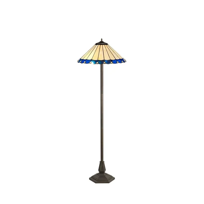 Solana 2 Light Octagonal Floor Lamp E27 With 40cm Tiffany Shade, Blue-Cream-Crystal-Aged Antique Brass