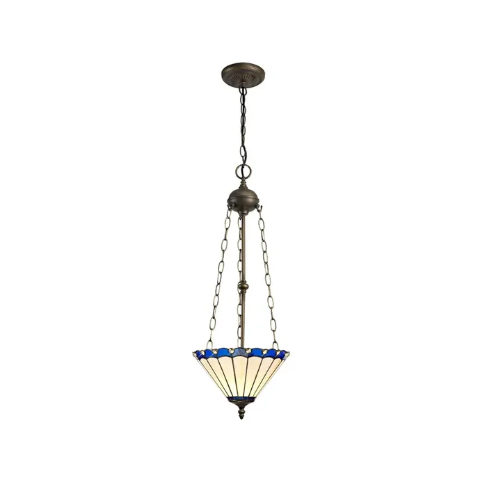 Solana 3 Light Uplighter Pendant E27 With 30cm Tiffany Shade, Blue-Cream-Crystal-Aged Antique Brass