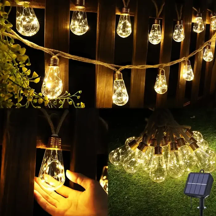 Solar Fairy Lights Outdoor Garden – 8M 160 LED Hemp Rope String Lights, 16 S17 Shatterproof Bulbs, Warm White, IP65 Waterproof, 8 Lighting Modes for Patio, Party, Yard & Christmas Decoration