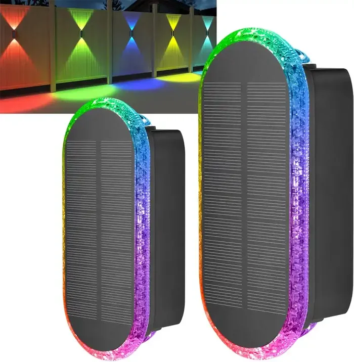 Solar Fence Lights Outdoor Wall – 2 Pack 7 Colour Modes with Auto Cycle Up & Down LED Glow IP65 Waterproof Solar Powered Lights for Fence, Garden, Patio