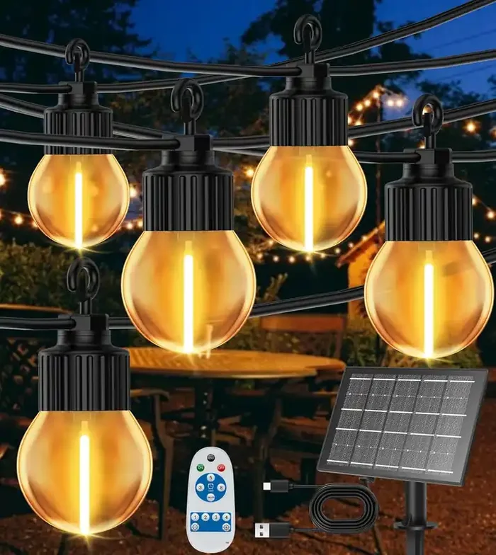 Solar Festoon Lights Outdoor 15M – 20 Shatterproof G45 Bulbs with USB Charging & Remote, IP65 Waterproof String Lights for Patio, Garden, Party