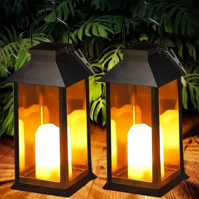 Solar Lanterns Outdoor 2 Pack – Hanging Flickering Candle Lights, Waterproof Garden Gifts, Table Lamp for Patio, Wall & Balcony