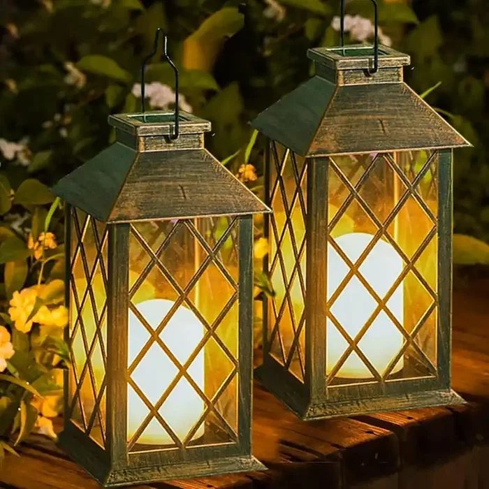 Solar Lanterns Outdoor Garden, 2 Pack Waterproof Hanging Lights with Flickering Flame Candle for Patio, Table, Pathway – Bronze