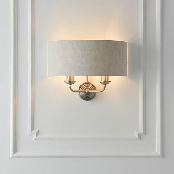 Sophisticated Twin Wall Light in Brushed Chrome with Natural Linen Shade (0711HIG94403)