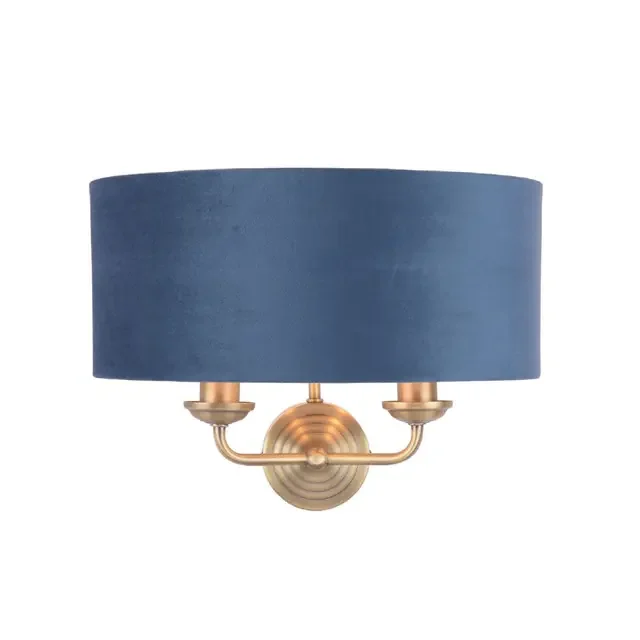 Sorrento 2 Light Matt Antique Brass with Blue Shaded Wall Light