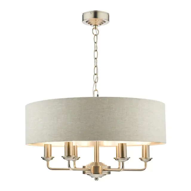 Sorrento 6 Light Brushed Chrome Armed Fitting with Natural Shade Ceiling Light
