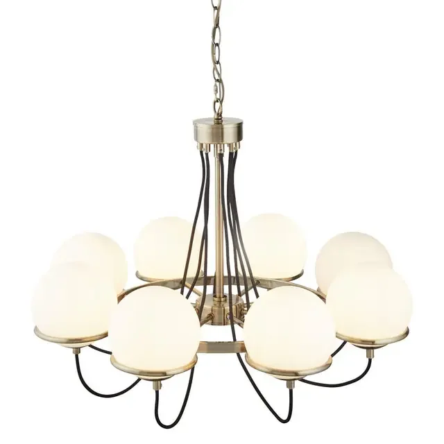 Sphere 8 Light Antique Brass with Opal Glass Shades Pendant Light