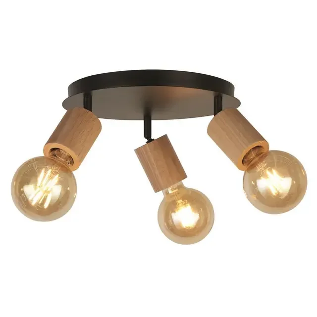 Spinny 3 Light Matt Black and Wood Adjustable Plate Ceiling Spotlight