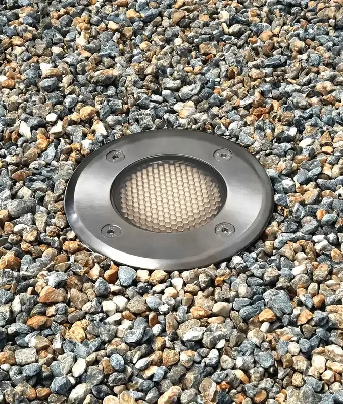 Stainless Steel Round GU10 Buried Uplighter – with glare-reducing honeycomb filter