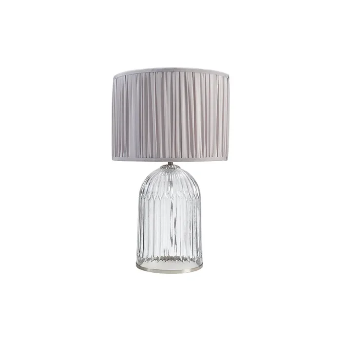 Stanley Large Glass Table Lamp With Satin Nickel Trim and Mushroom Pleated Shade. 1x E27
