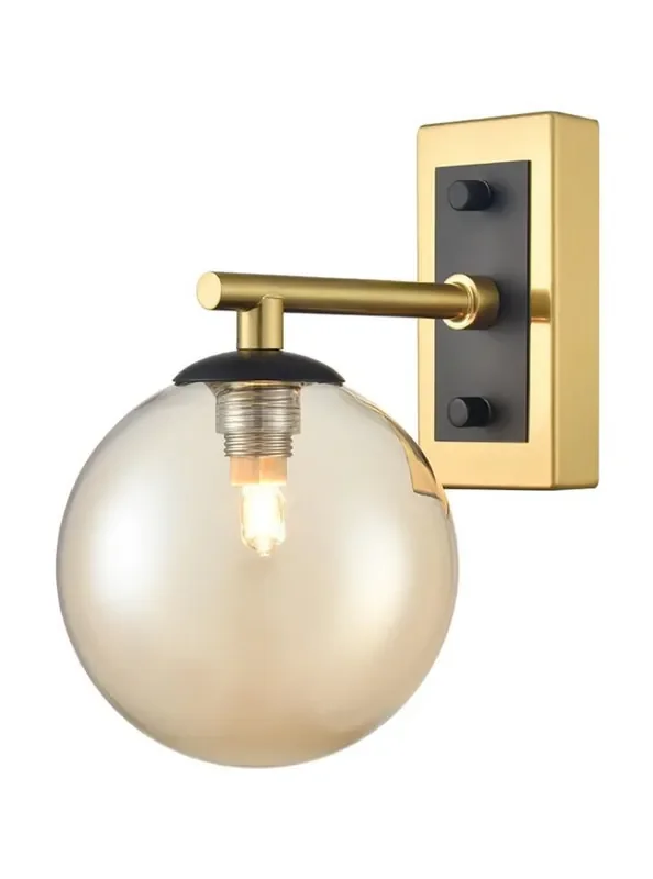 Stellar Matt Black and Aged Brass with Amber Sphere IP44 Bathroom Wall Light
