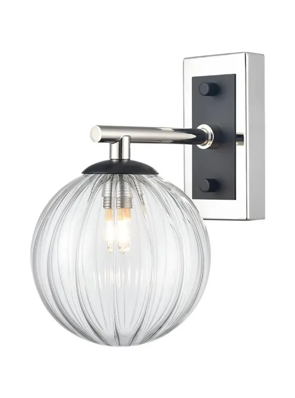 Stellar Matt Black and Polished Nickel with Clear Ribbed Sphere IP44 Bathroom Wall Light