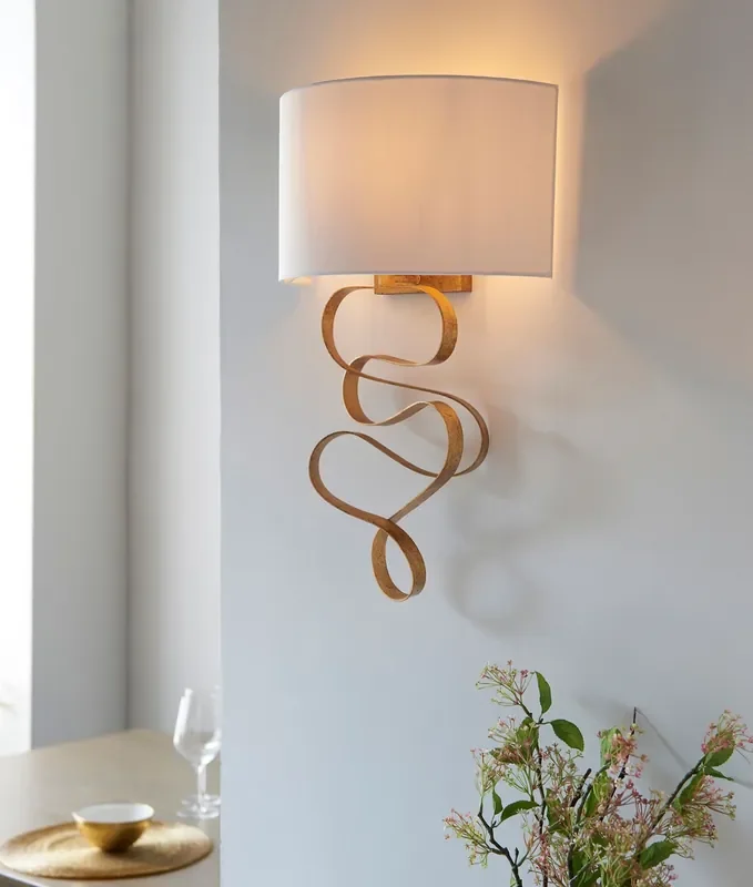 Stunning Gold Leaf Swirl Wall Light with White Semi-Circular Shade
