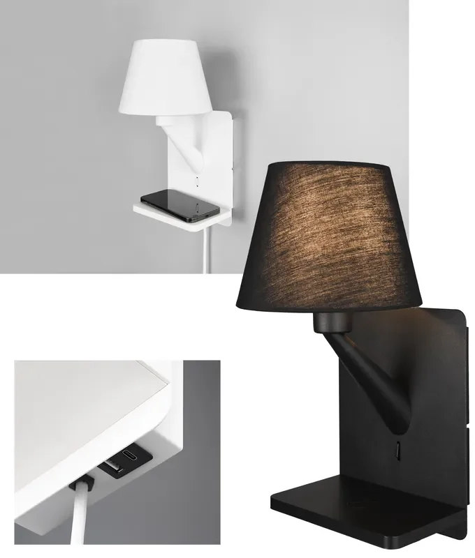 Switched Bedside Wall Light with USB Ports and Wireless Charging Shelf