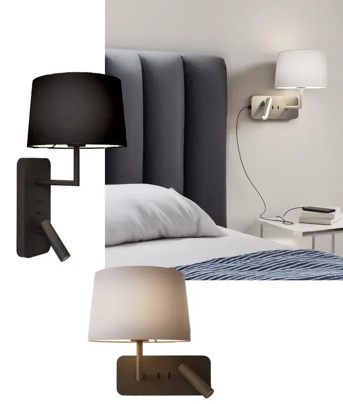 Switched Wall-Mounted Bedside Light with USB Charging and Adjustable Reading Spotlight