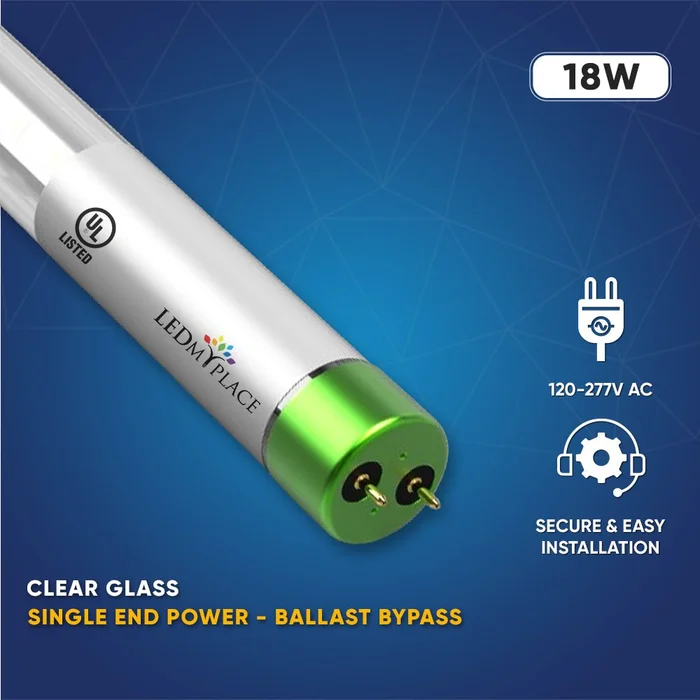 T8 4ft LED Tube/Bulb – Glass 18W 1800 Lumens 5000K Clear, G13 Base, Single Ended power – Ballast Bypass – 15 Pack