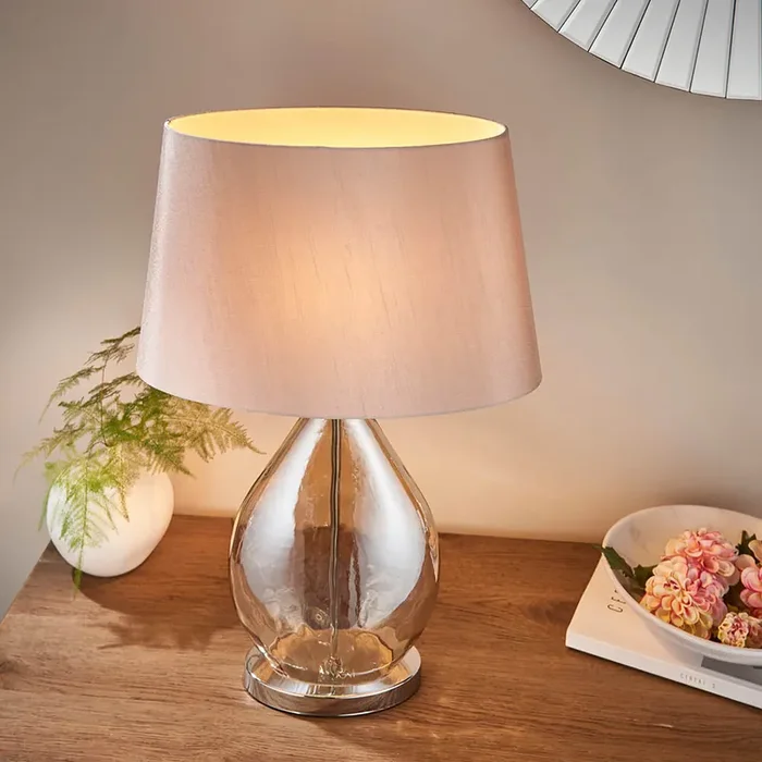 Table Lamp with Gold Tinted Glass and Mink Faux Silk Shade (0711KEWTLGO)