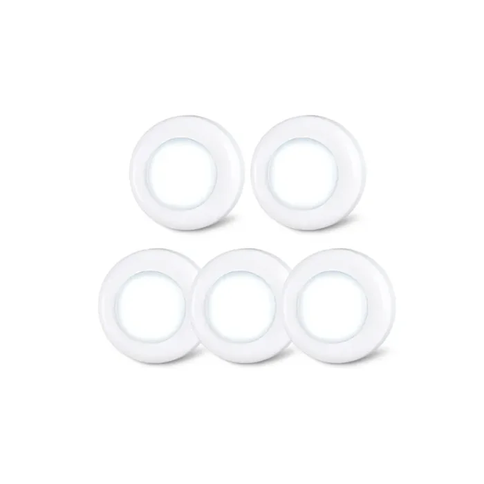 Tap Light Push Lights – 5 Pack Stick-On LED Touch Puck Lights, Battery Operated, 50 Lumens Cool White, Easy Press Spot Lighting for Cupboard, Wardrobe, Cabinet, Closet, Kitchen