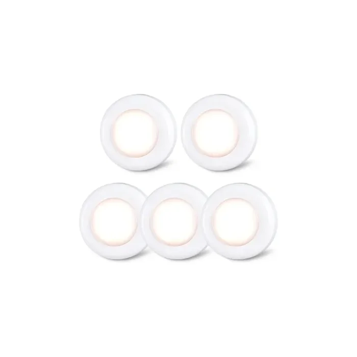 Tap Light Push Lights – 5 Pack, Warm White, Stick-On LED Touch Puck Lights, Battery Operated, Indoor Spot Lighting for Cupboard, Wardrobe, Kitchen, Closet