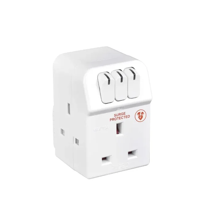 Three Socket Surge Protected Adaptor with Individual Switches – Masterplug UK Plug Extension for Home & Office Use