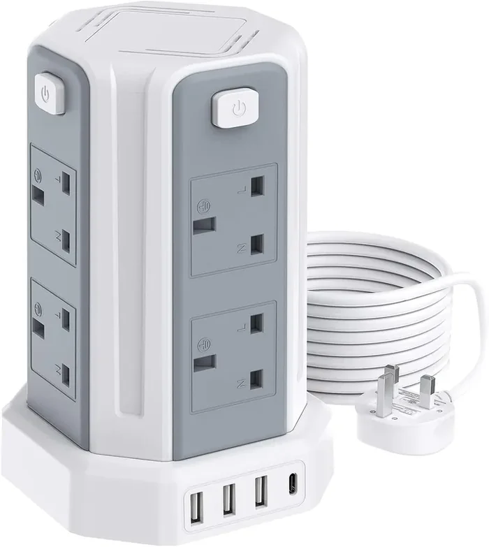 Tower Extension Lead with 8 Outlets, 4 USB (17W), Surge Protection, 3M Cable, 3250W