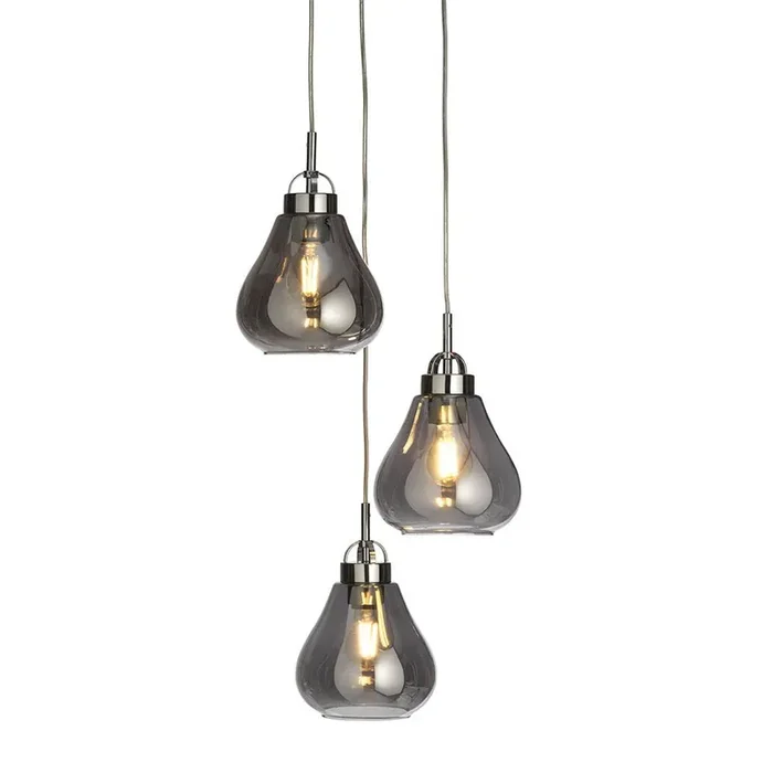 Turua Multi Pendant Light, Teardrop Glass Shaped Shade, Metal Canopy with Braided Flex, 3x E27