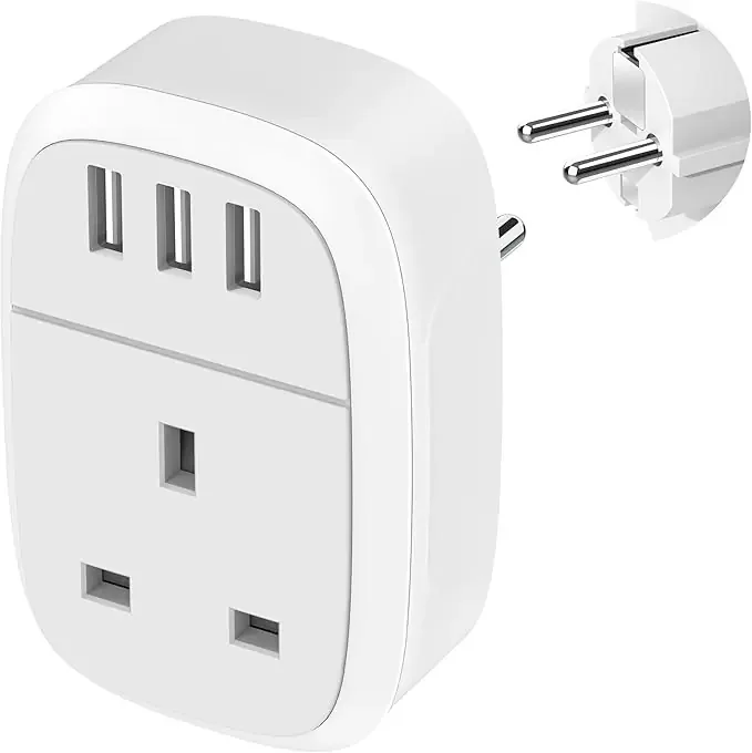 UK to EU Plug Adapter with 3 USB Ports Type E/F Schuko Travel Adaptor for Germany, France, Spain, Greece, Portugal & More