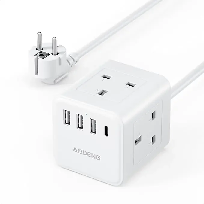 UK to European Plug Adapter with 1.5M Extension Lead – 4 Way Travel Extension with 4 USB Ports Type E/F Adaptor