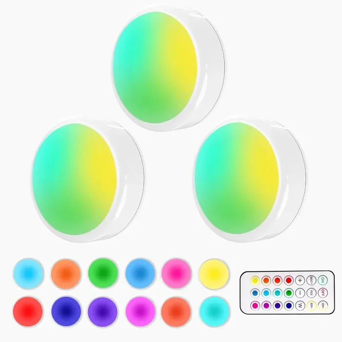 Under Cabinet Kitchen Lights, Pack Dimmable Battery Powered LED Light RGB Puck Light with Remote Control Wireless Stick On Lights Under Counter Light Sticker Light Wardrobe Light, White