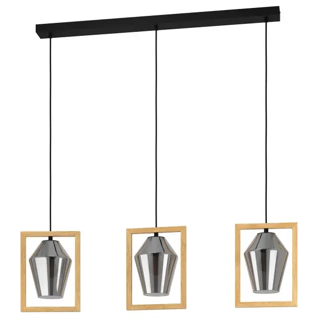 Viglioni 3 Light Black with Wood Frame and Smoked Glass Bar Pendant Light