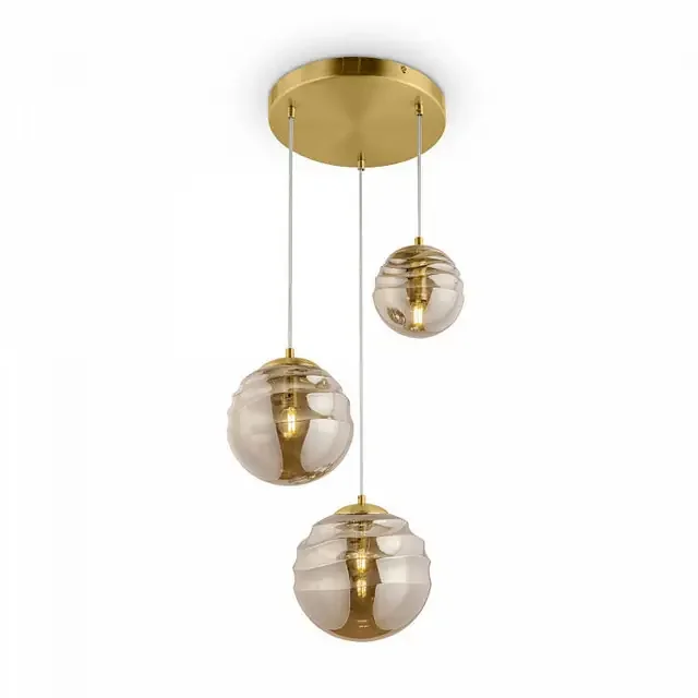 Vinare 3 Light Brass and Amber Glass Cluster Pendant Light