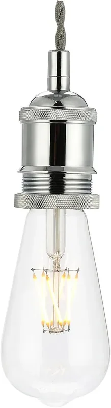 Vintage Ceiling Pendant Light Fitting Kit with E27 Lamp Holder, Chrome Finish, Light Grey Twisted Braided Flex, Adjustable 1200mm Suspension