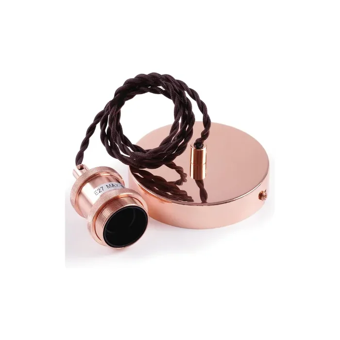 Vintage Ceiling Pendant Light Fitting with Brown Twisted Braided Flex, E27 Lamp Holder, Adjustable 120cm Suspension Kit, Rose Copper Finish