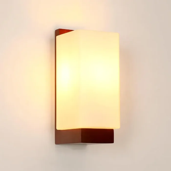 Vintage Wooden Wall Light – E27 Glass Shade Sconce for Bedroom, Hallway, Living Room