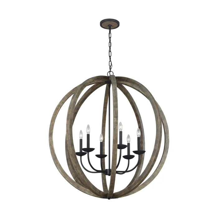 Visual Comfort Studio F3186/6WOW/AF Allier Six Light Pendant, Weathered Oak Wood / Antique Forged Iron