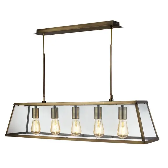 Voyager 5 Light Antique Brass and Clear Glass Lantern Bar Pendant Light