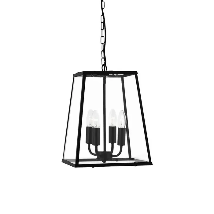 Voyager Matt Black 4 Lamp Vintage Tapered Rectangle Lantern Pendant