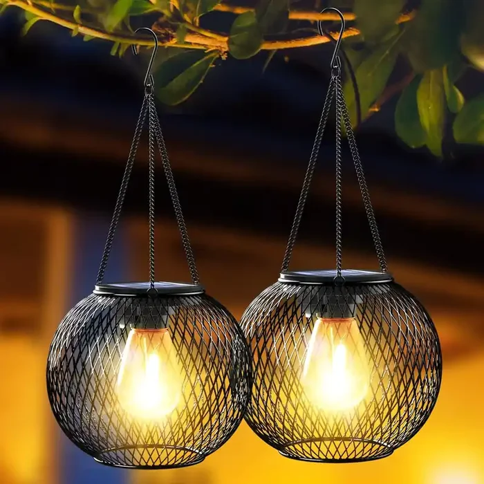 Waterproof Solar Hanging Lanterns Set, Outdoor Garden Decorative Lights for Patio Lawn Fence Warmwhite Metal Design
