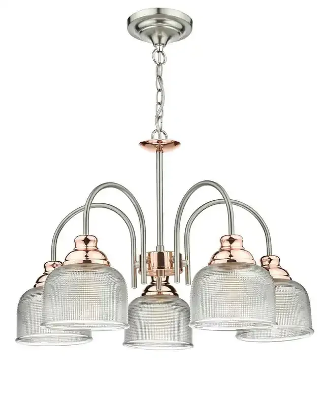 Wharfdale 5 Light Satin Chrome and Copper with Glass Shades Pendant Light