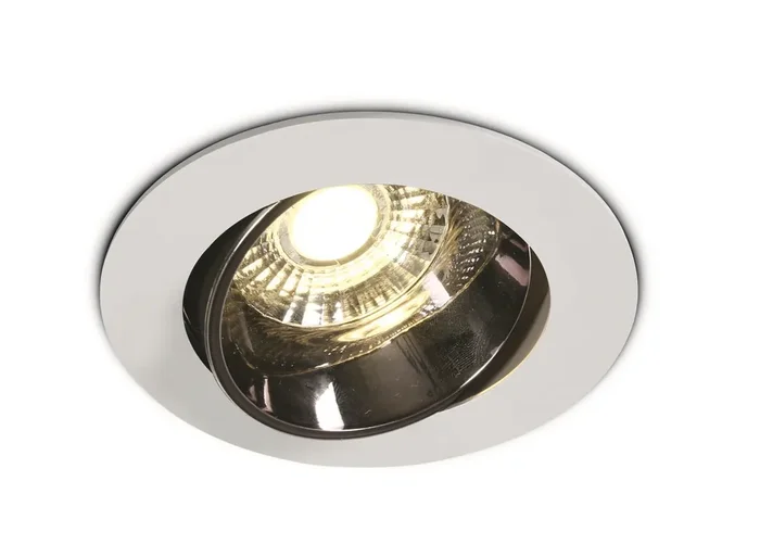 White 10W COB LED adjustable recessed Spot with dark chrome reflector.