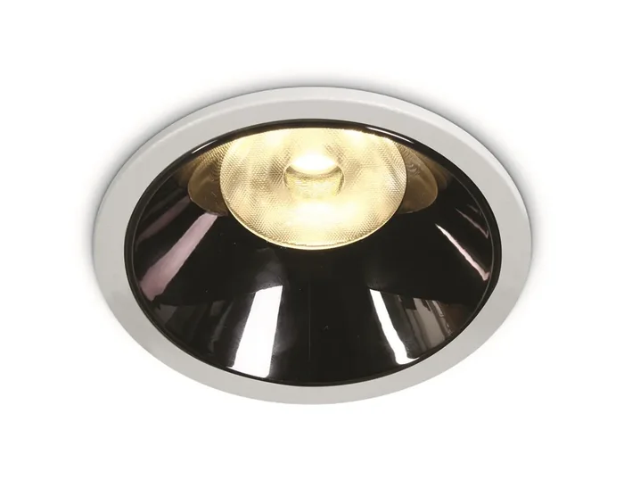 White 18W COB LED Dark light recessed spot with dark chrome reflector.
