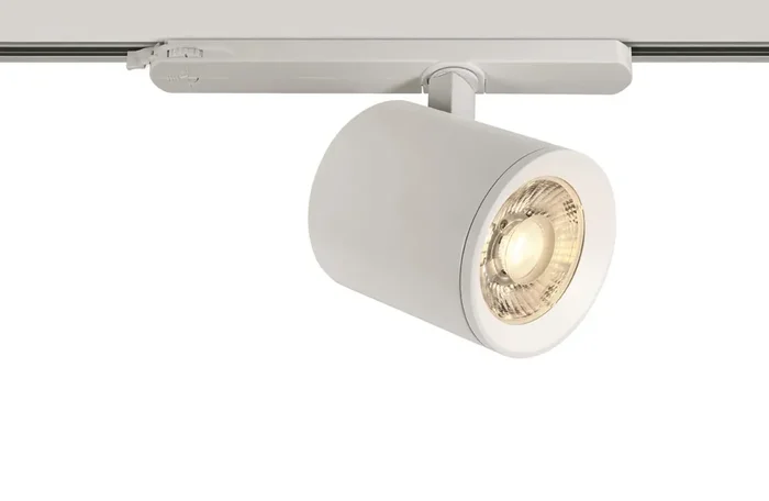 White 30W COB LED track spot with, ideal forshops and showrooms.