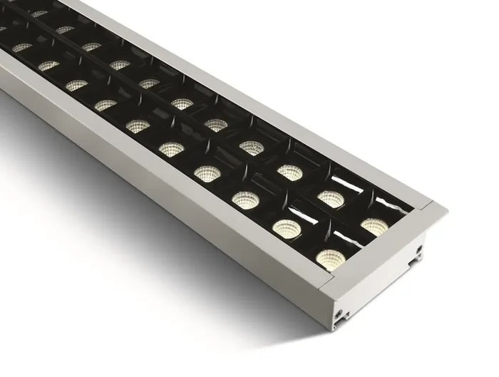 White 40W UGR17 Recessed linear with diffuser, ideal for offices.