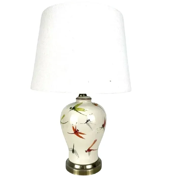 White and Antique Brass Dragonfly Print Ceramic Urn Table Lamp with White Drum Shade 53cm