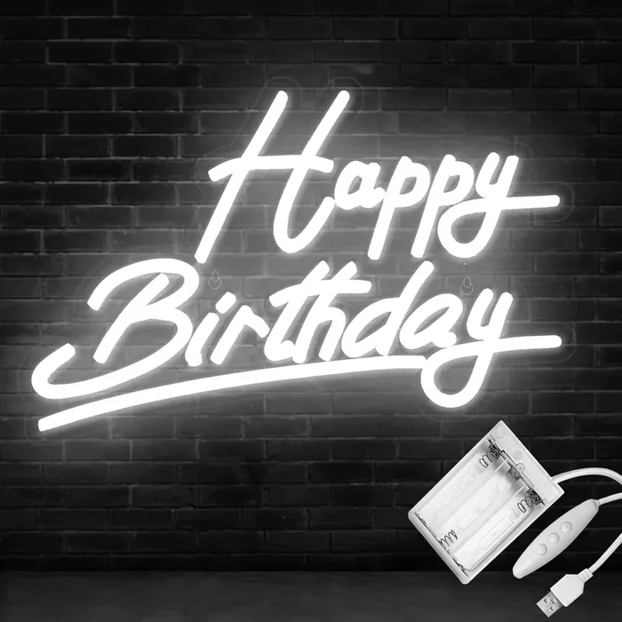 White Happy Birthday Neon Sign – Battery & USB Powered LED Wall Decor Light with Adjustable Brightness (15 x 9.6 in)