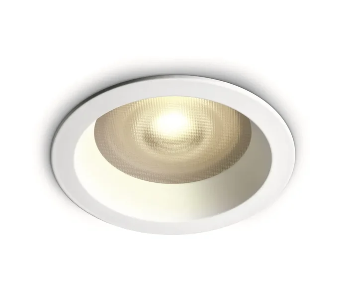 White IP65 Recessed mains spot with prismatic glass and GU10 lampholder.